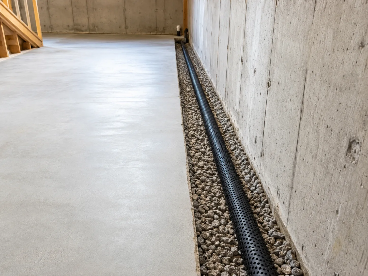 Interior French drain system installed along basement wall in Mississauga