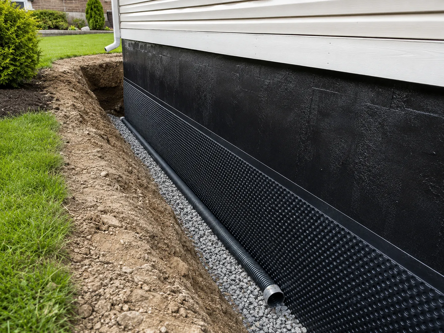 Exterior waterproofing membrane and drainage board installation