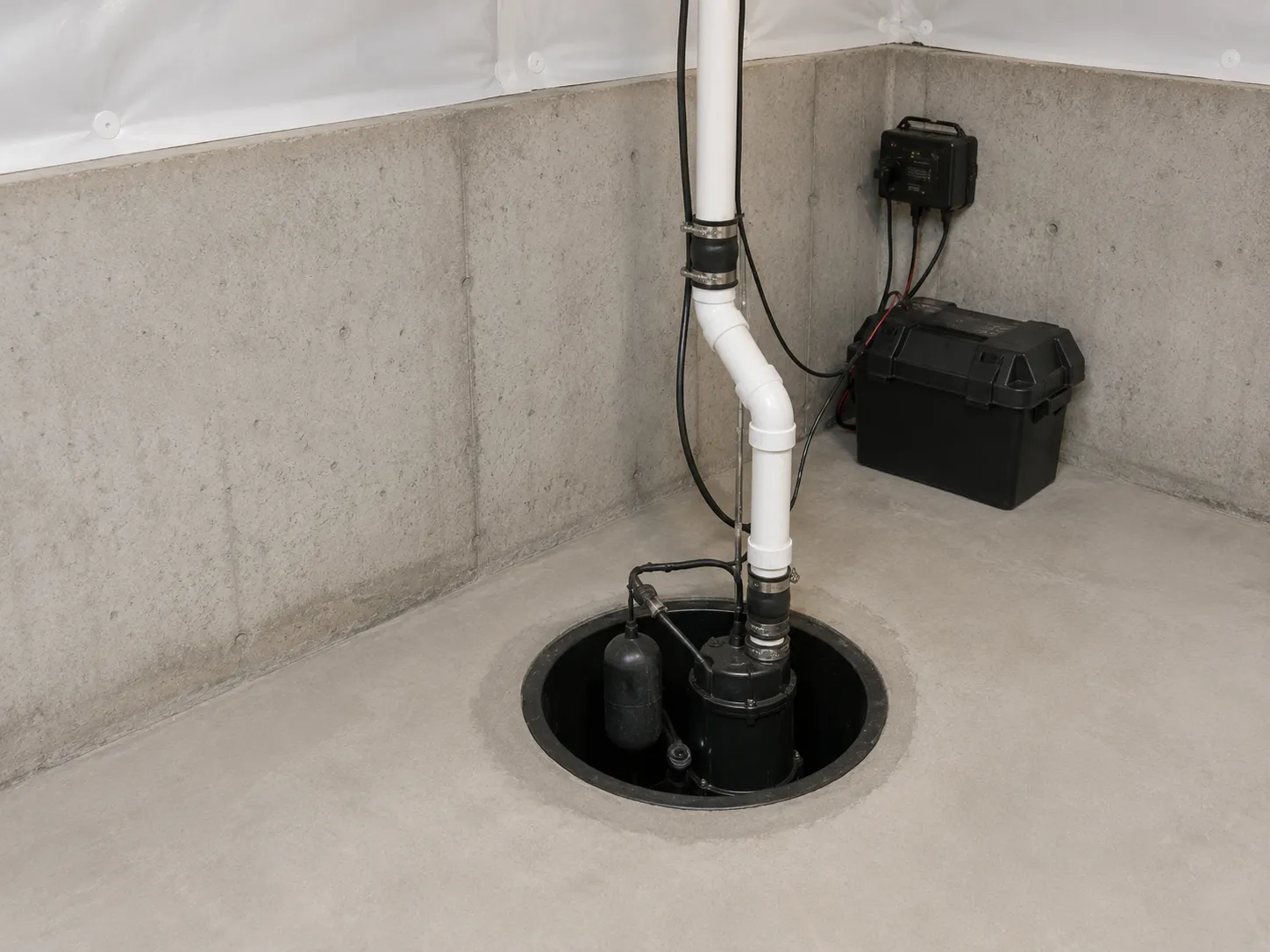 Emergency sump pump installation with battery backup