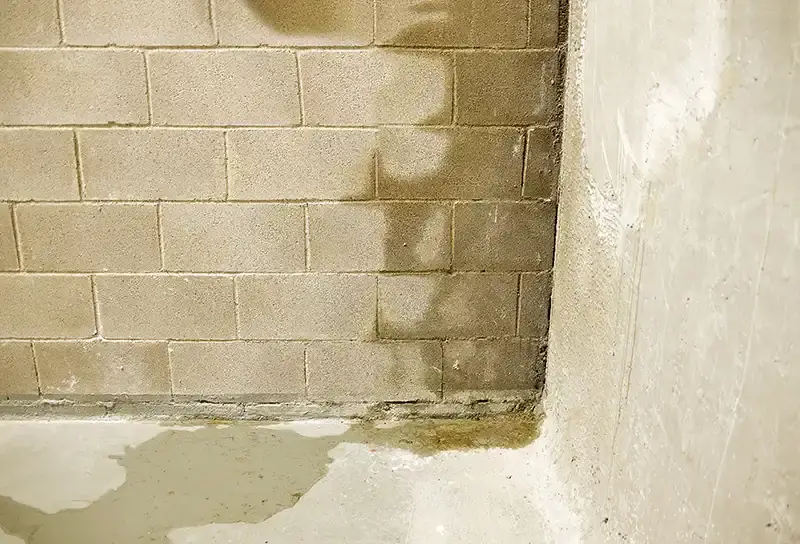 Wet basement cove joint showing active water seepage and flooding