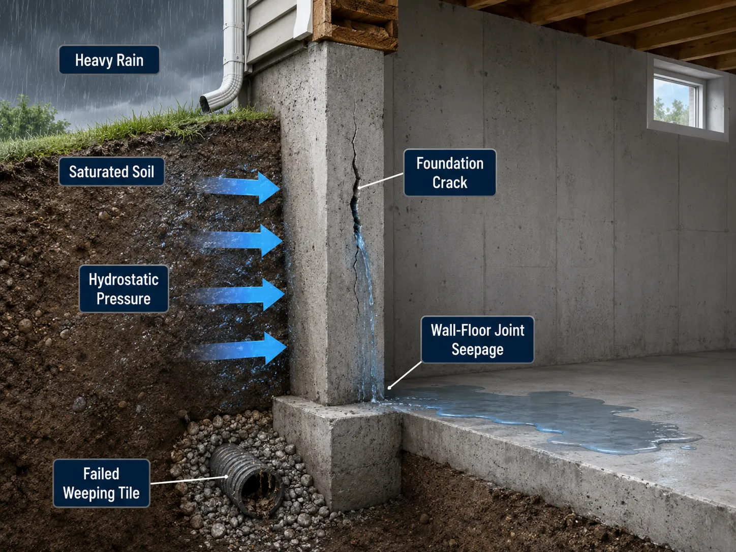 Diagram showing how water enters a Mississauga basement through foundation cracks, wall-floor joint, and failed weeping tile